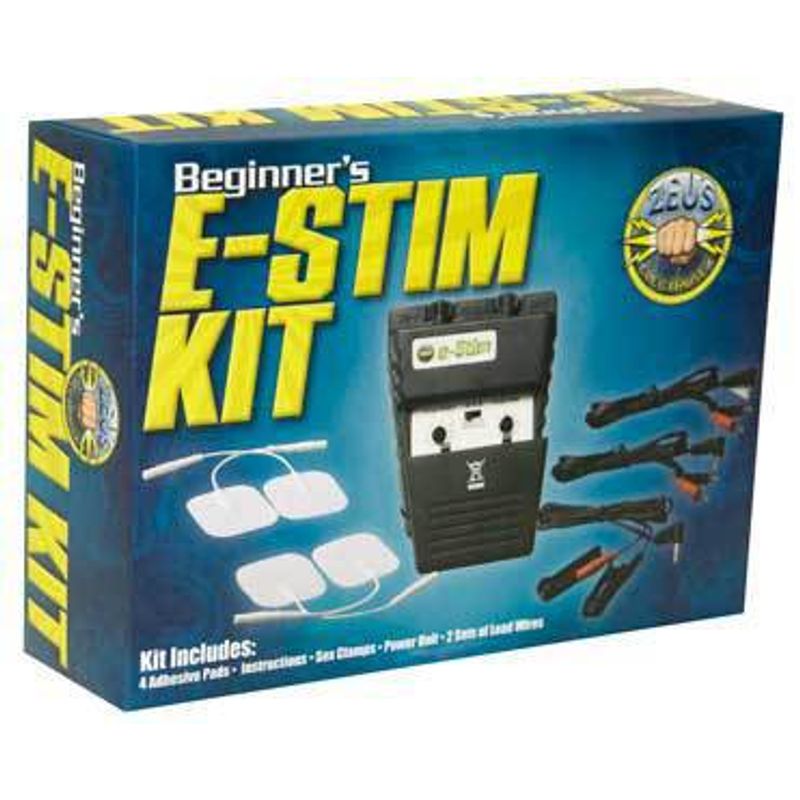 Zeus Beginner Electrosex Kit packaging featuring e-stim device, accessories, and instructions for use.