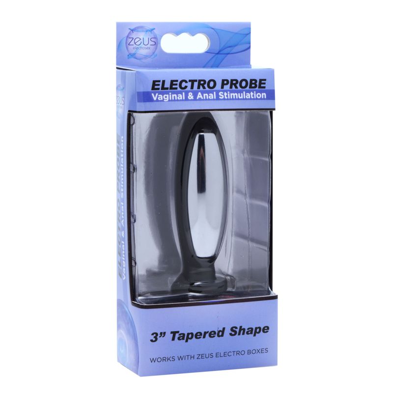 Zeus Electro Probe for vaginal and anal stimulation in 3-inch tapered shape packaging.
