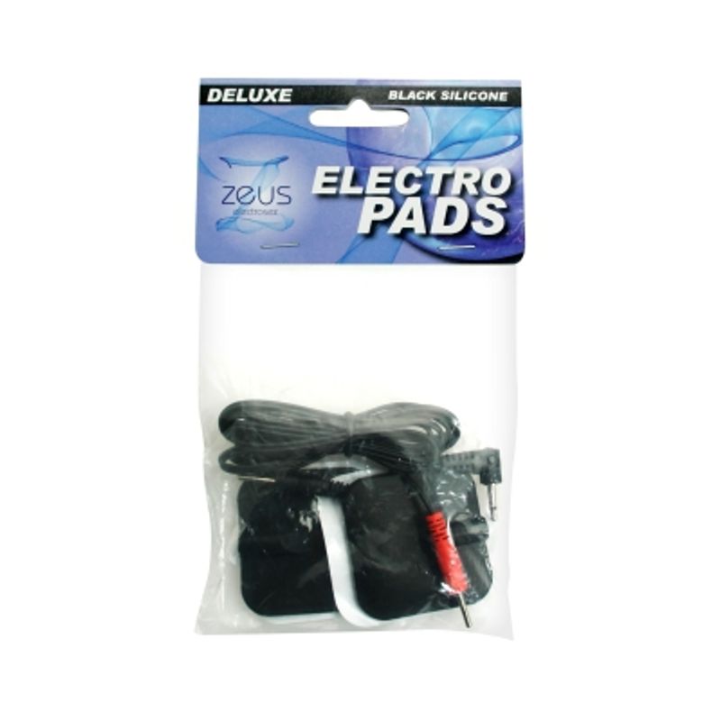Zeus Deluxe Black Electro Pads 2 Pk packaging with silicone pads and leads for electro-stimulation.