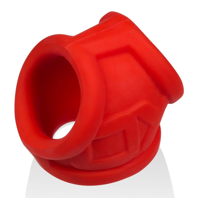 red silicone cocksling designed for comfort and support with smooth texture and grip.