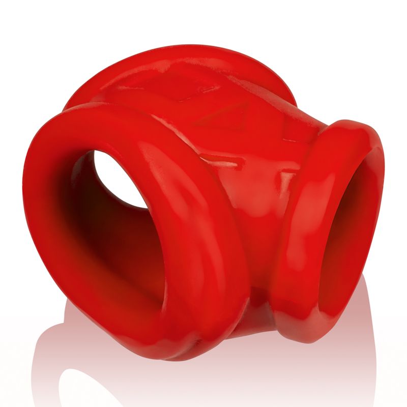 red silicone cocksling designed for maximum comfort and support, featuring PLUS+SILICONE composition.
