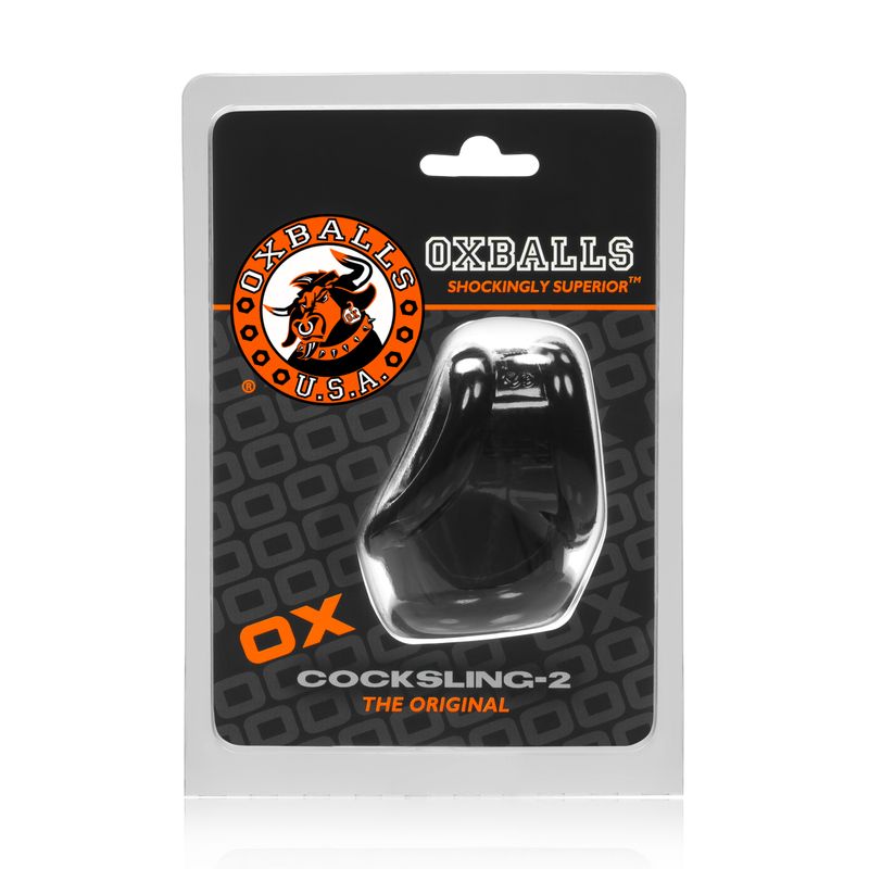 Cocksling 2 Black packaging showcasing the original cockring from OXBALLS, perfect for enhancing intimate experiences.