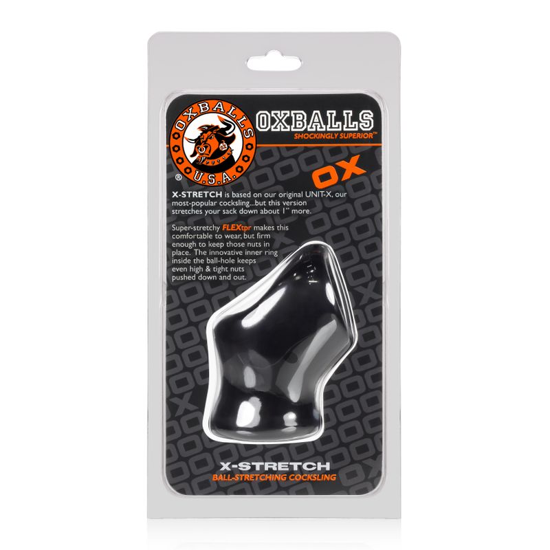 Unit X Stretch Cocksling Black packaging showcasing its unique design and function for enhanced male pleasure.