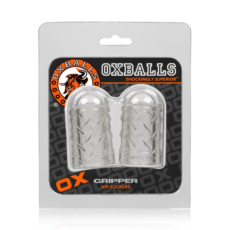 Clear nipple puller OXBALLS GRIPPER nip-suckers packaging displayed on a black background.