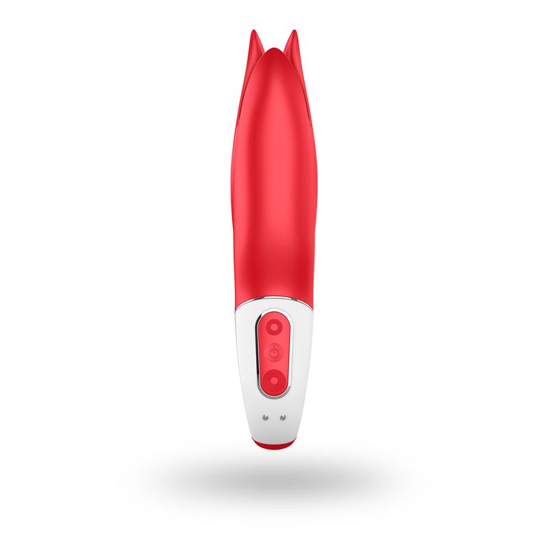 Satisfyer Vibes Power Flower vibrator in radiant Strawberry Red with flexible shaft and vibration controls.