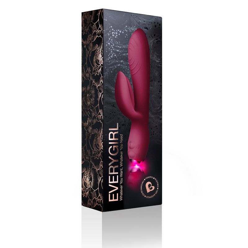 Every Girl Rabbit Vibrator Burgundy in elegant packaging showcasing its sleek design and vibrant color.
