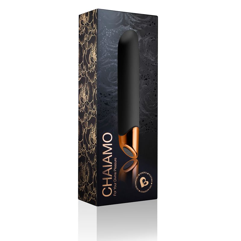 Chaiamo Rechargeable Black packaging for rechargeable intimate massager, elegant design with velvet touch.