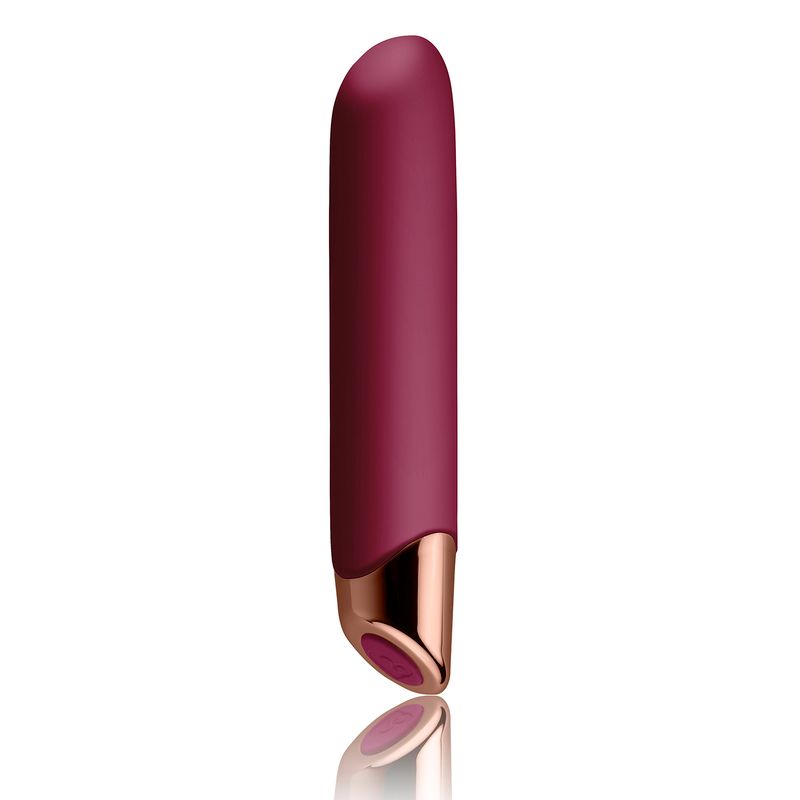 Chaiamo rechargeable burgundy sensual massager with a sleek design and rose gold finishing.