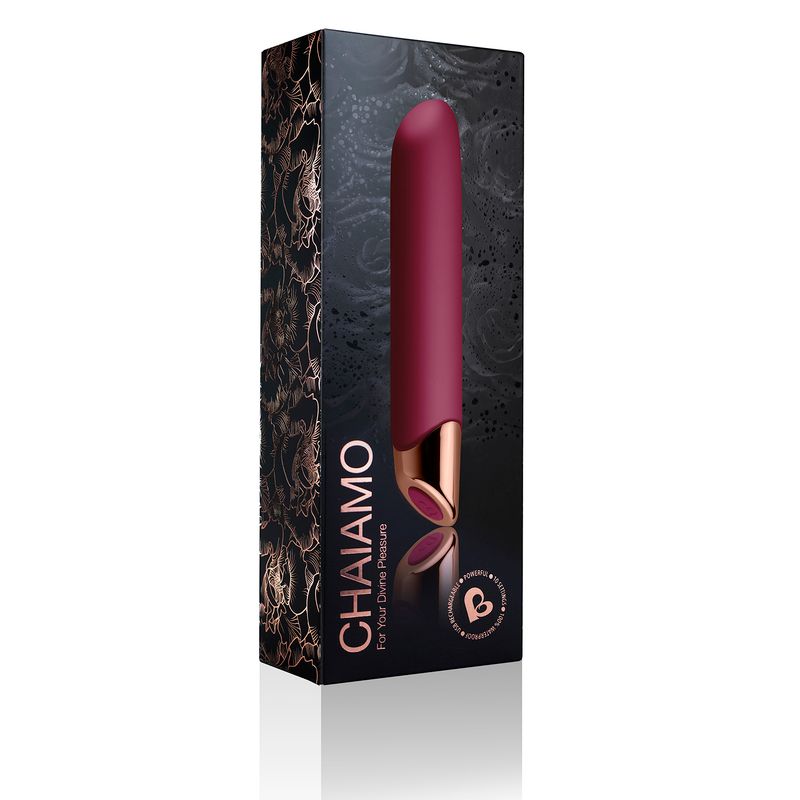 Chaiamo rechargeable sensual massager in elegant burgundy packaging, designed for ultimate pleasure and intense sensations.