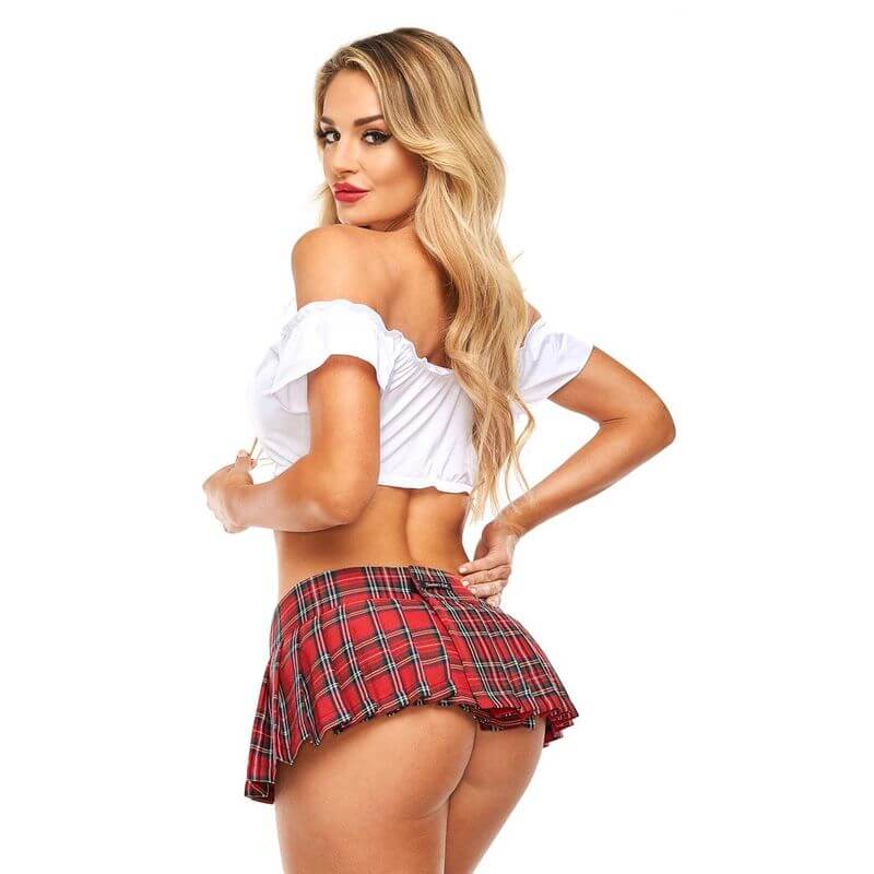 Sexy School Girl Tie Top White worn with a plaid skirt, showcasing a stylish and sexy school girl outfit.