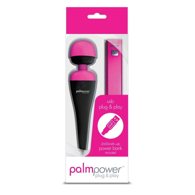 PalmPower massage wand USB in packaging with included power bank for easy and supercharged relaxation.
