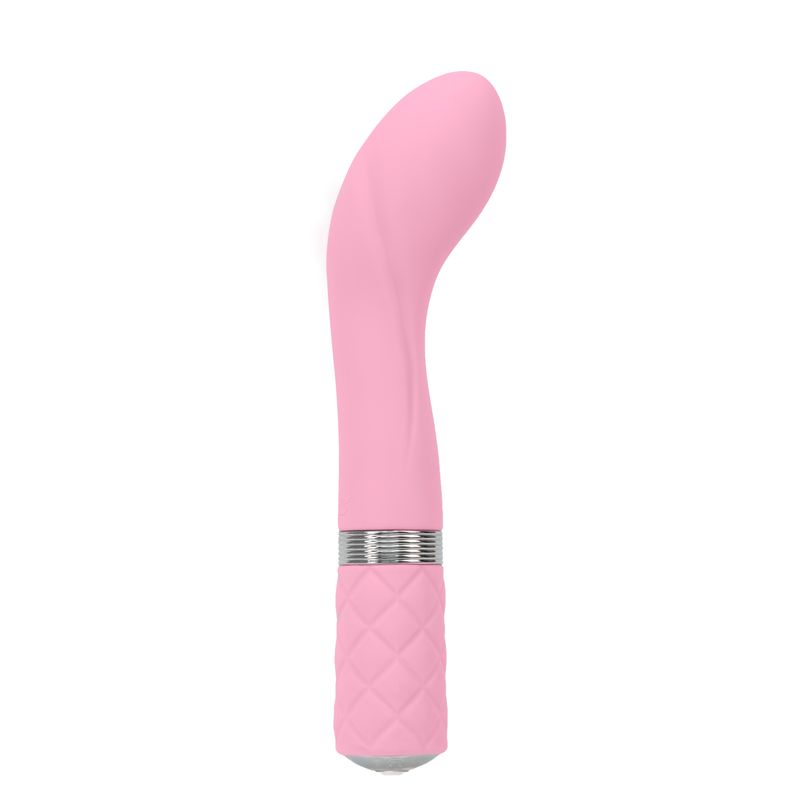 Sassy pink G-spot vibrator with a sleek design and cushioned handle for enhanced pleasure.
