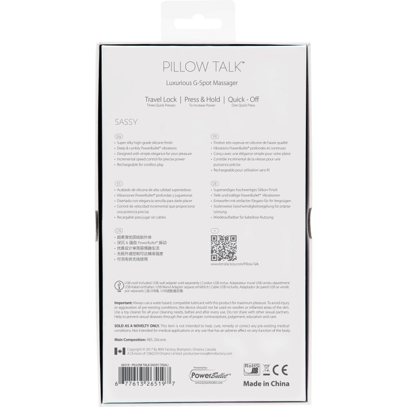 Pillow Talk Sassy Pink luxurious G-spot massager packaging with instructions and features.