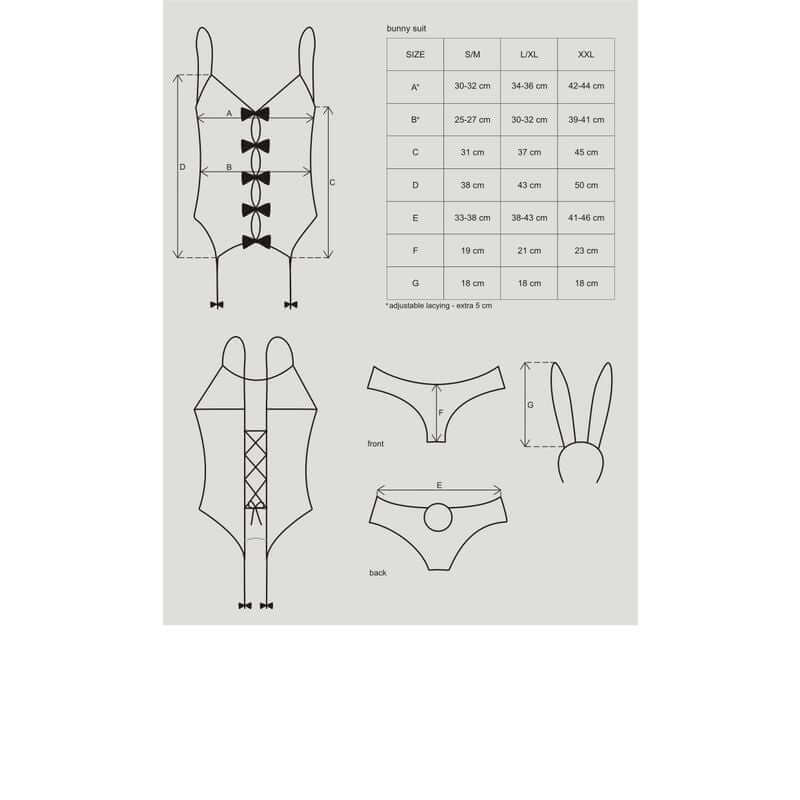 Bunny suit size chart for sexy bunny costume with measurements for various sizes and design details.