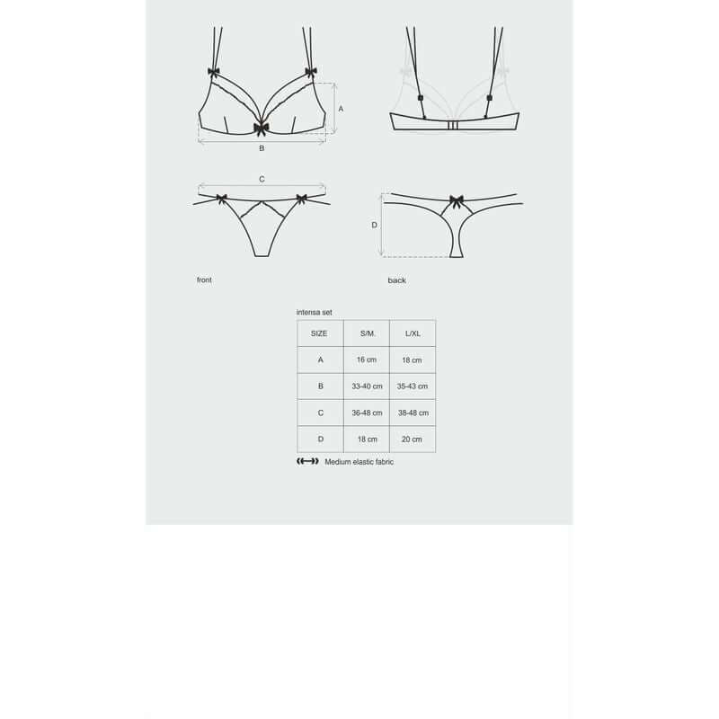 Size guide for Intensa 2 Pc Set featuring sexy lingerie set styles with bra and thong designs.