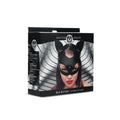 Bad Kitten Leather Cat Mask in a stylish black box featuring a model wearing the mask.
