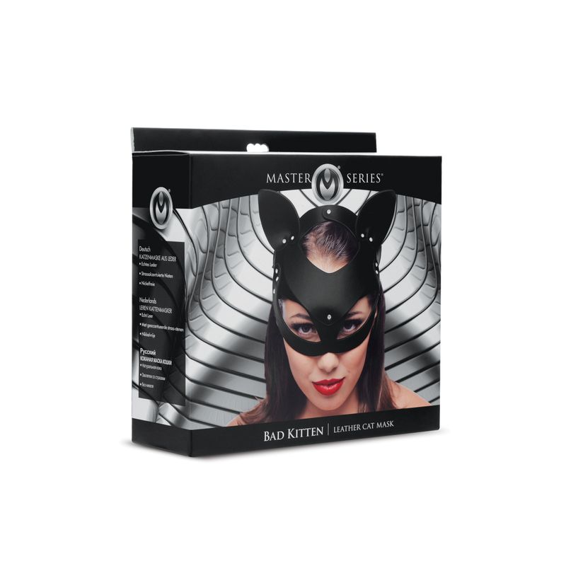 Bad Kitten Leather Cat Mask in a stylish black box featuring a model wearing the mask.