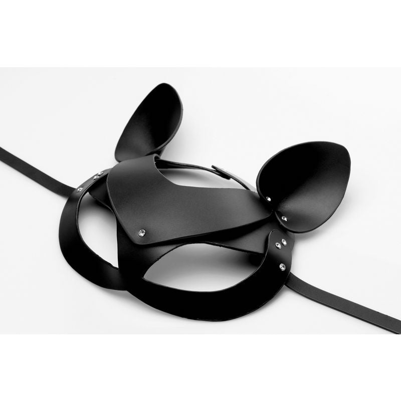 Bad Kitten Leather Cat Mask with playful ears and elegant rhinestone accents for intimate essentials.
