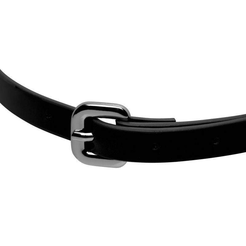 Close-up of a sleek black leather strap with a shiny silver buckle, ideal for BDSM or costume wear.
