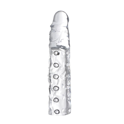 Clear penis enhancer sleeve showcasing a realistic design with bulging veins and a firm tip for enhanced pleasure.