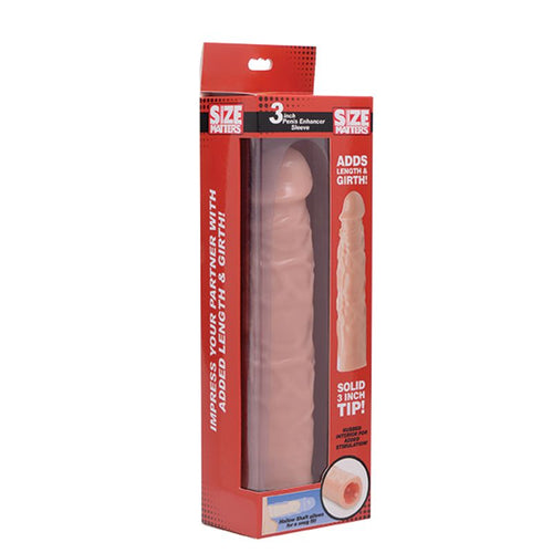 3 inch penis enhancer sleeve packaging showcasing added length and girth features.