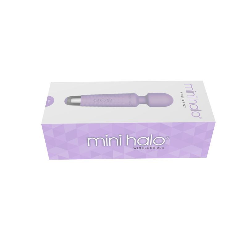 Shibari mini wand massager packaging featuring a lilac design and wireless capabilities for powerful vibrations.