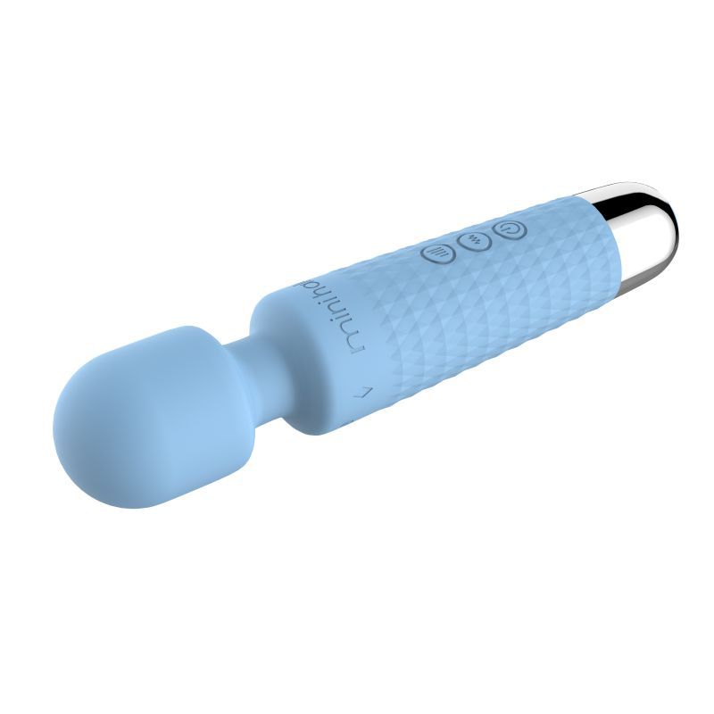 Shibari Mini Wand massager in powder blue, featuring 20 vibration patterns and 8 speed strengths for customizable massage.