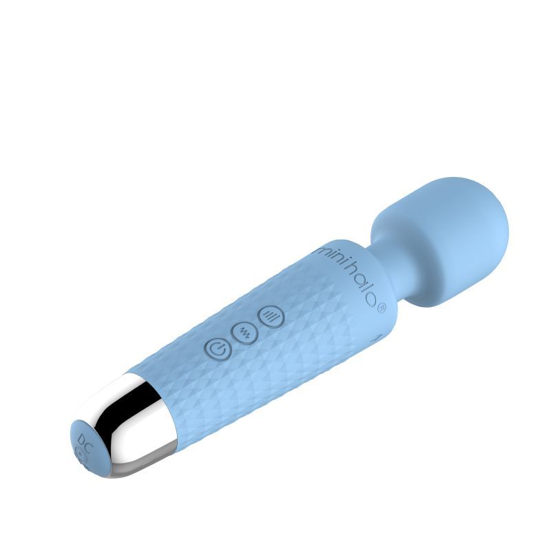 Shibari Mini Wand massager in powder blue with multiple speed settings and a flexible neck for targeted massage.