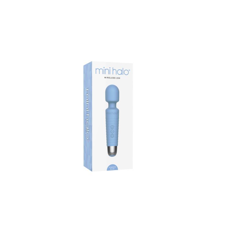 Shibari Mini Wand massager in powder blue packaging showcasing flexible neck and vibration controls.