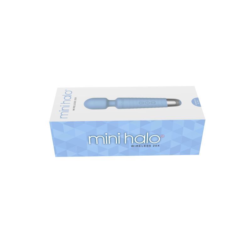 Shibari Mini Wand massager in powder blue packaging showcasing wireless 20X vibration settings.