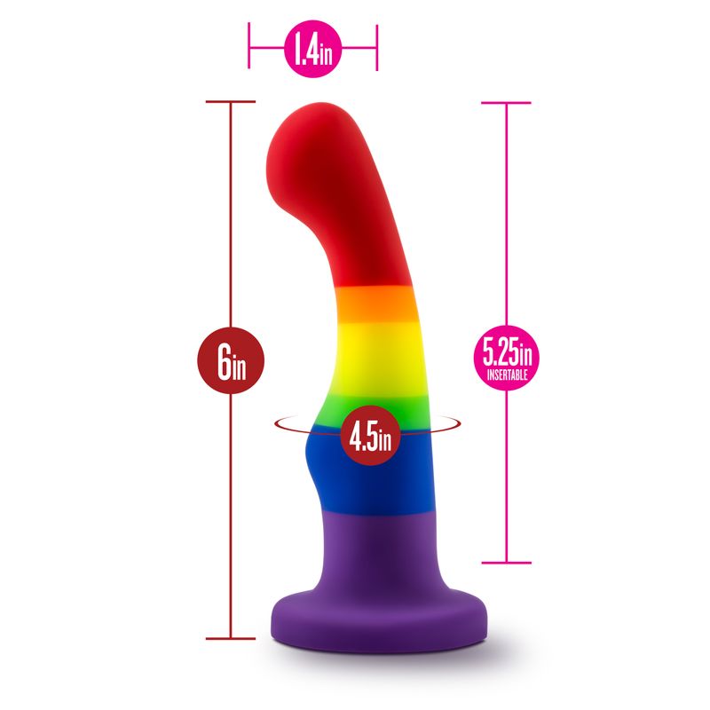 Avant Pride P1 Freedom Silicone Dildo with rainbow colors, 6 inches long, 5.25 inches insertable, designed for pleasure.