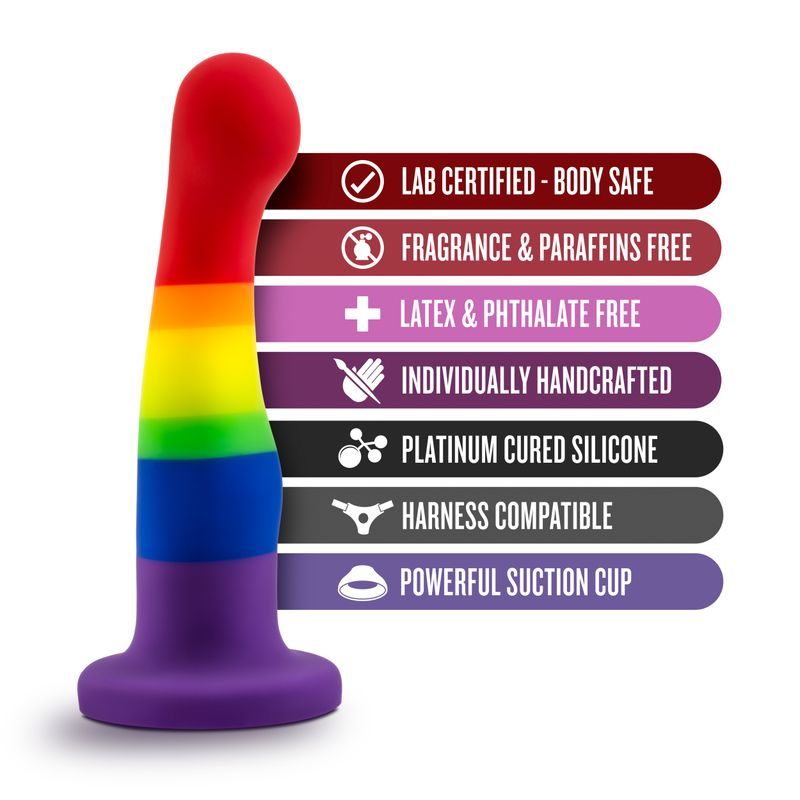 Avant Pride P1 Freedom Silicone Dildo with lab certified features and rainbow colors for pleasure and safety.