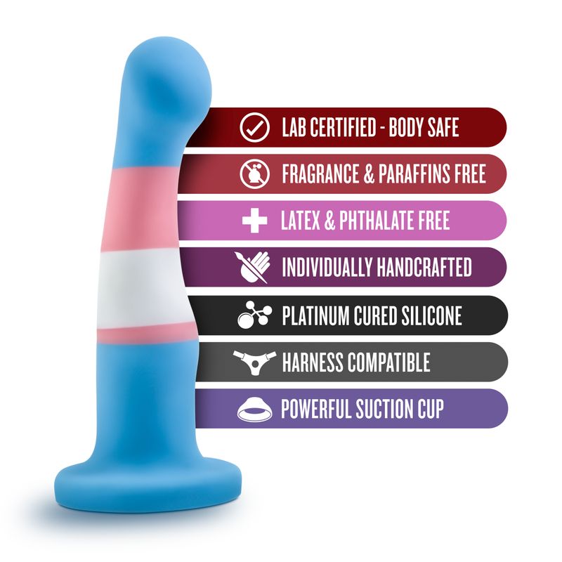 Avant Pride P2 True Blue Silicone Dildo with labels highlighting safe materials and features including harness compatibility.