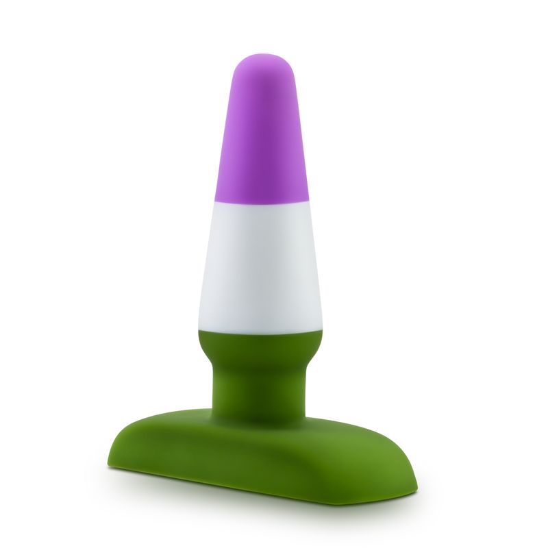 Avant Pride P6 Beyond Silicone Butt Plug in vibrant green and purple color, made of body safe silicone.