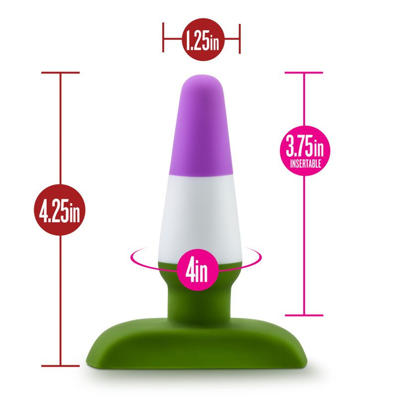 Avant Pride P6 Beyond Silicone Butt Plug dimensions with height 4.25in, insertable length 3.75in, and base width 1.25in.