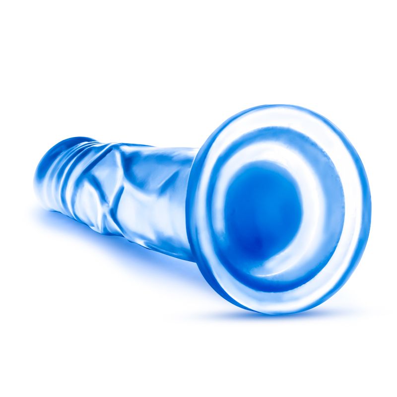 B Yours Sweet N Hard 5, a realistic dildo with suction cup, angled view showing the sturdy base in blue.