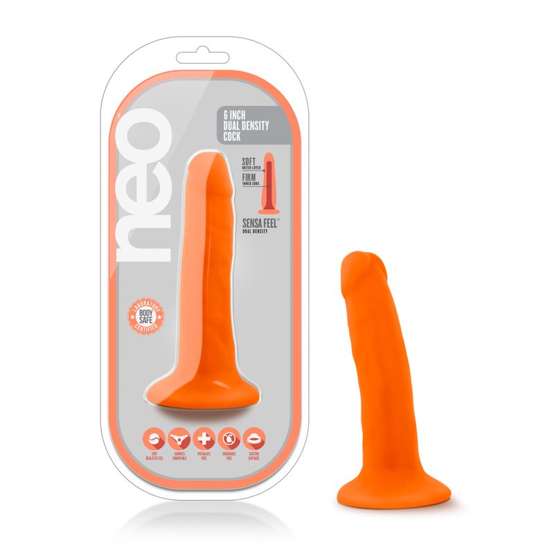Neo Dual Density Cock 6in Neon Orange, a dual density dildo orange with realistic feel and sturdy suction cup base.