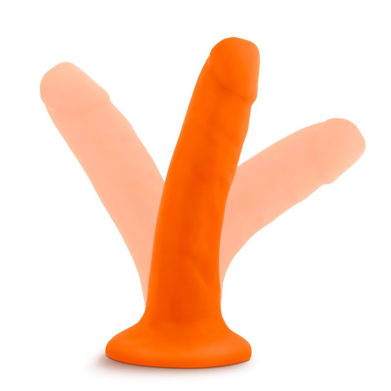Neo Dual Density Cock 6in Neon Orange with realistic texture and suction cup base for versatile use.