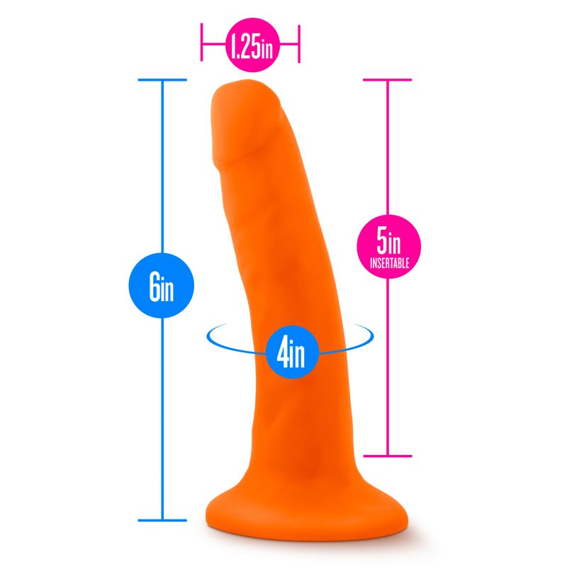 Neo Dual Density Cock 6in Neon Orange with dimensions 6in height and 1.25in width for realistic pleasure.