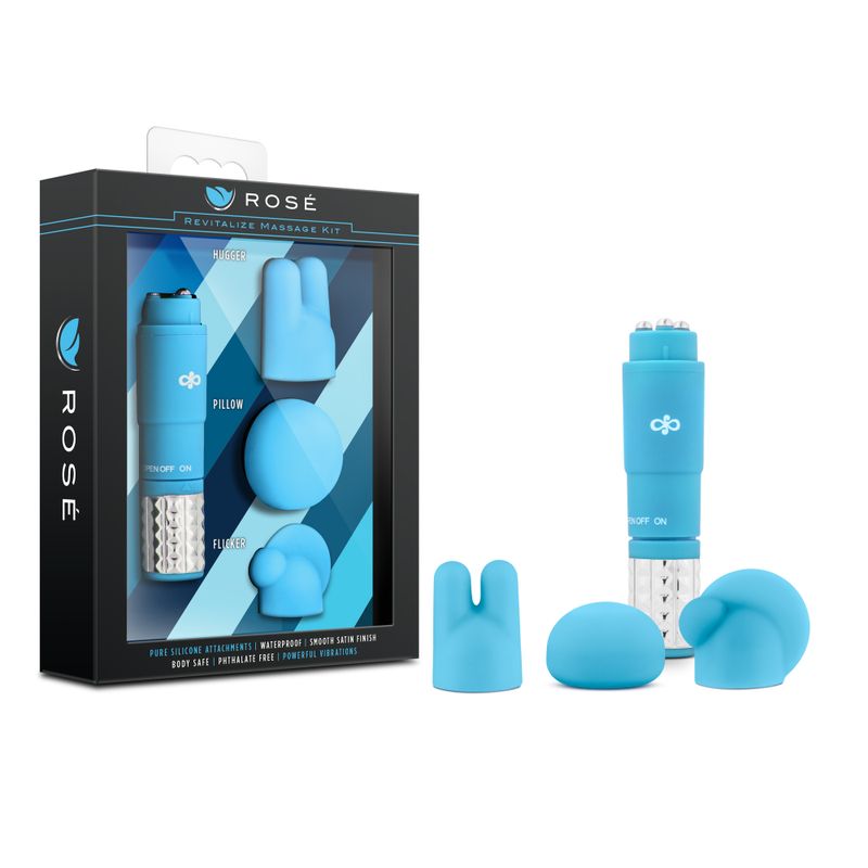 Rose Revitalize Massage Kit Blue with silicone attachments for targeted relaxation and tension relief.