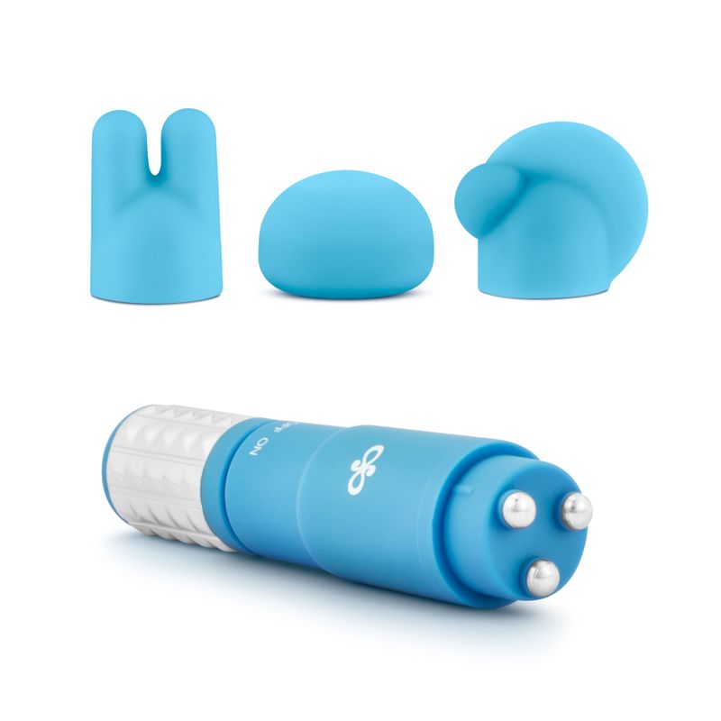 Rose Revitalize Massage Kit Blue with three silicone attachments for customizable relaxation.