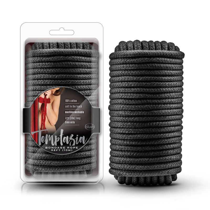 Temptasia Bondage Rope 10m Black - soft cotton rope for bondage, machine washable, ideal for intimate essentials for her.