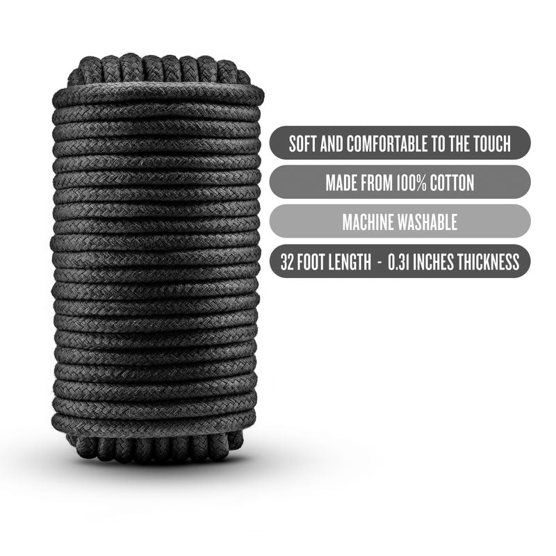 Temptasia Bondage Rope 10m Black, soft cotton rope, machine washable, ideal for bondage and intimate essentials.