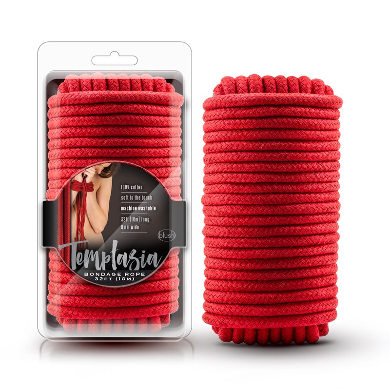 Temptasia Bondage Rope 10m Red packaging featuring soft cotton shibari bondage rope red for sensual activities.