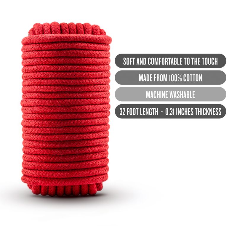 Temptasia Bondage Rope 10m Red, shibari bondage rope red, soft cotton, machine washable, perfect for sensual play.