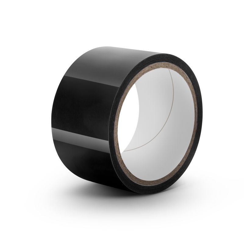 Temptasia Bondage Tape 18m Black on display, perfect for creative and sensual play, sticks to itself without adhesive.