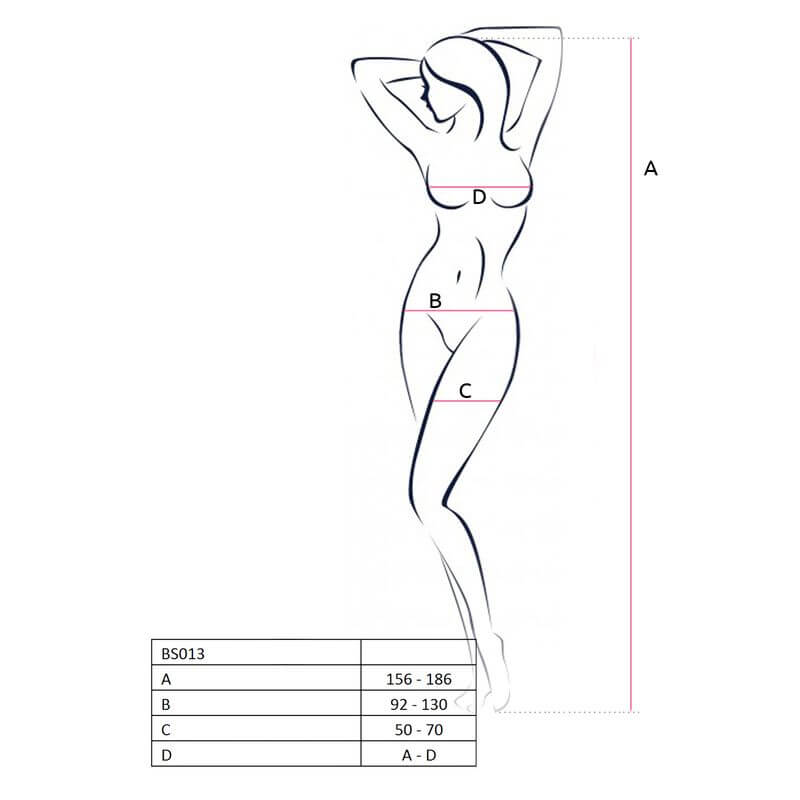 Size chart for Bodystocking BS013 Black, featuring measurements for sexy black bodystocking fits including height and bust.