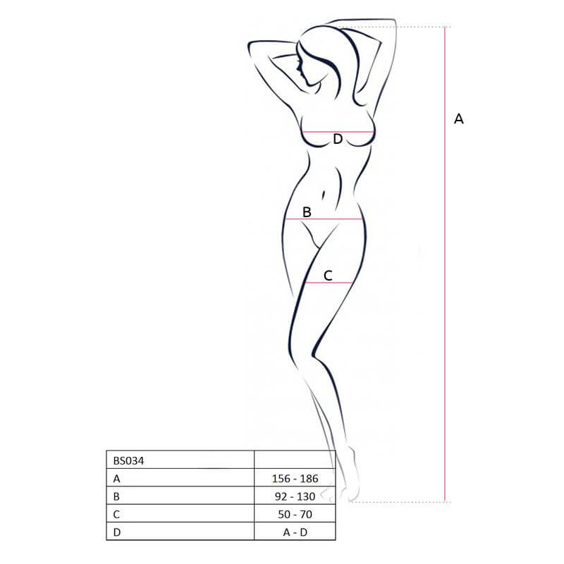 Size chart for black bodystocking BS034 showing measurements for optimal fit.