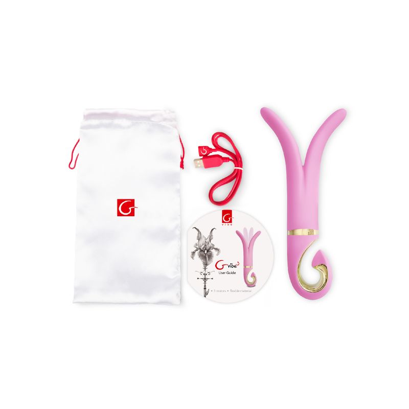GVibe3 double vibrator in candy pink with accessories including storage bag and charger.