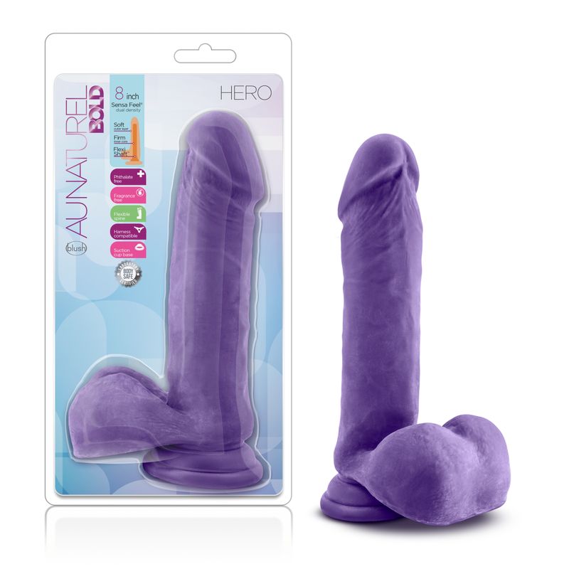 Au Naturel Bold Hero 8in purple realistic dildo for pleasure with lifelike texture and strong base.